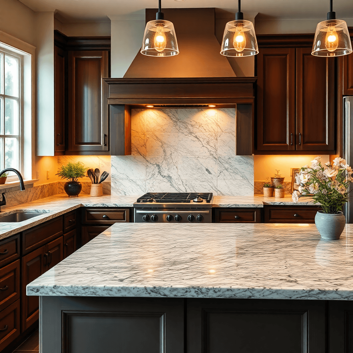 A beautifully arranged kitchen featuring stunning granite countertops, showcasing a slab and a prefabricated option, illuminated by warm lighting f...