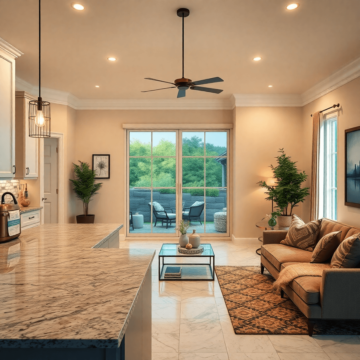 A modern home interior featuring a sleek kitchen with granite countertops, a stylish living room, and a serene bedroom, all illuminated by soft lig...