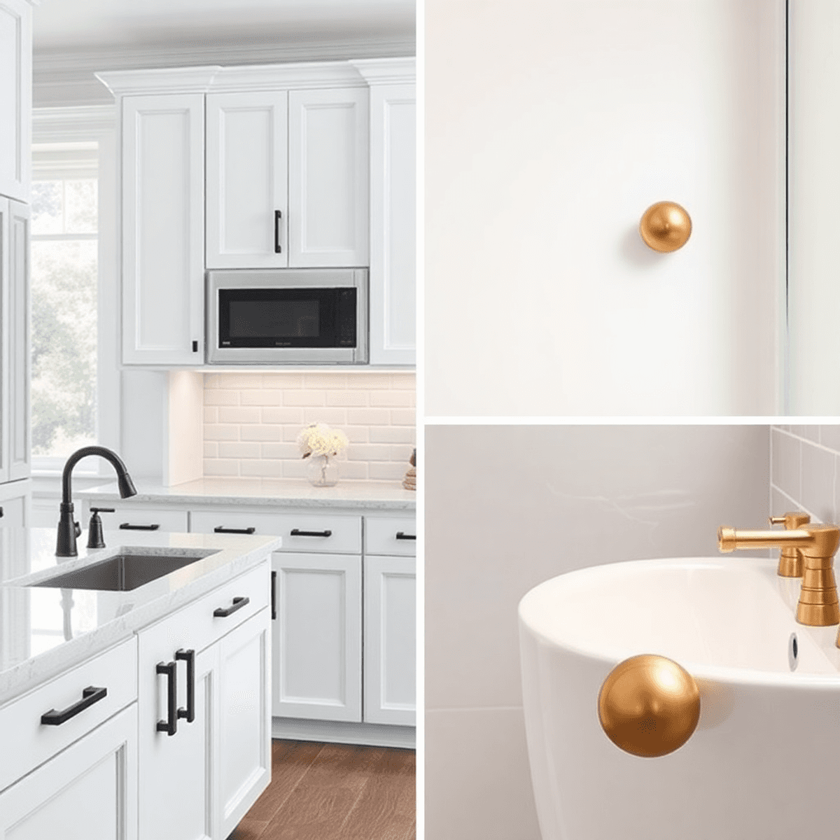 A modern white kitchen with sleek matte black handles and a luxurious bathroom featuring vintage-inspired brass knobs, showcasing elegant cabinet h...