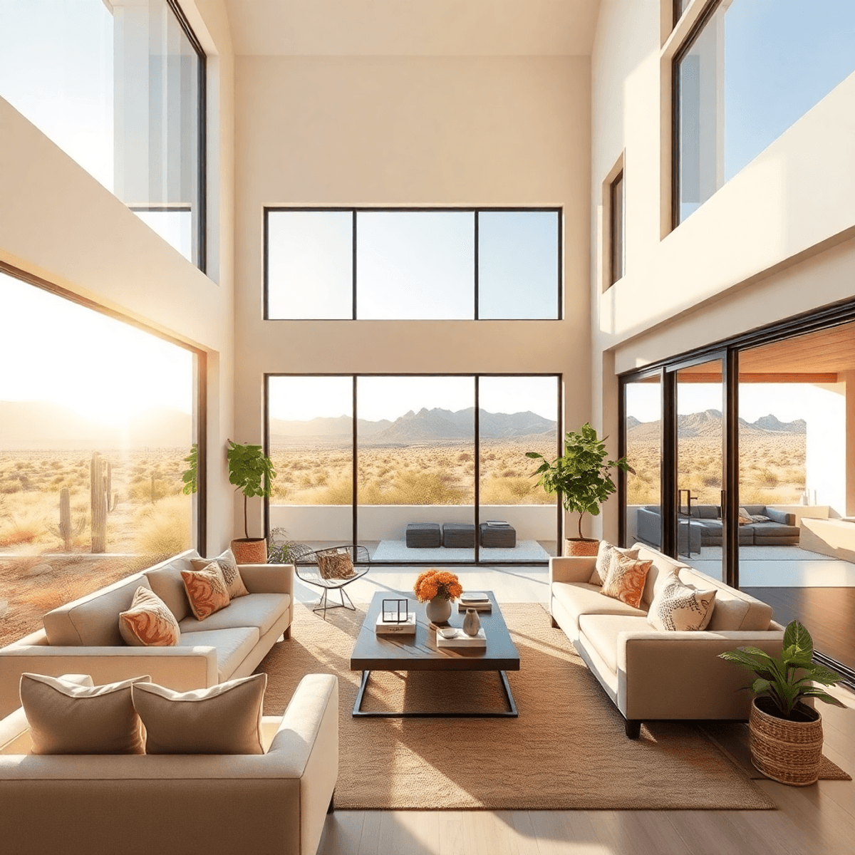 A bright open-concept living room with large windows showcasing an Arizona desert view, modern furniture, neutral tones, indoor plants, and access ...