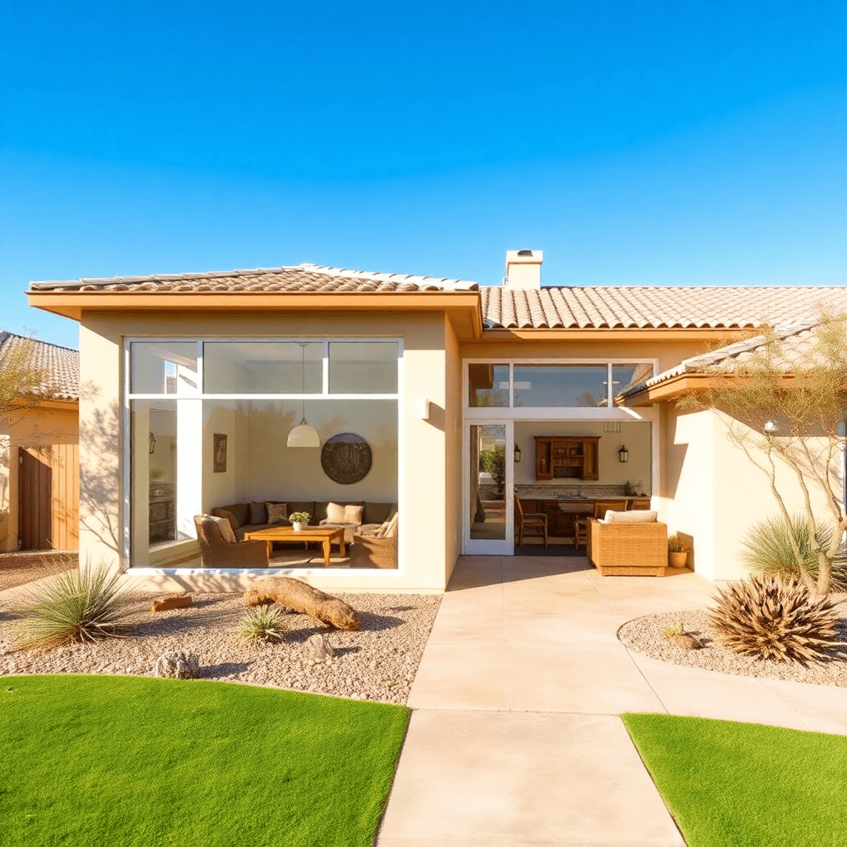 A modern Phoenix home featuring a stylish sunroom with large windows, surrounded by desert landscaping, creating a warm and inviting indoor-outdoor...
