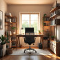 A modern home office with a sleek desk, ergonomic chair, organized shelves of books and plants, and warm lighting, complemented by natural light fr...