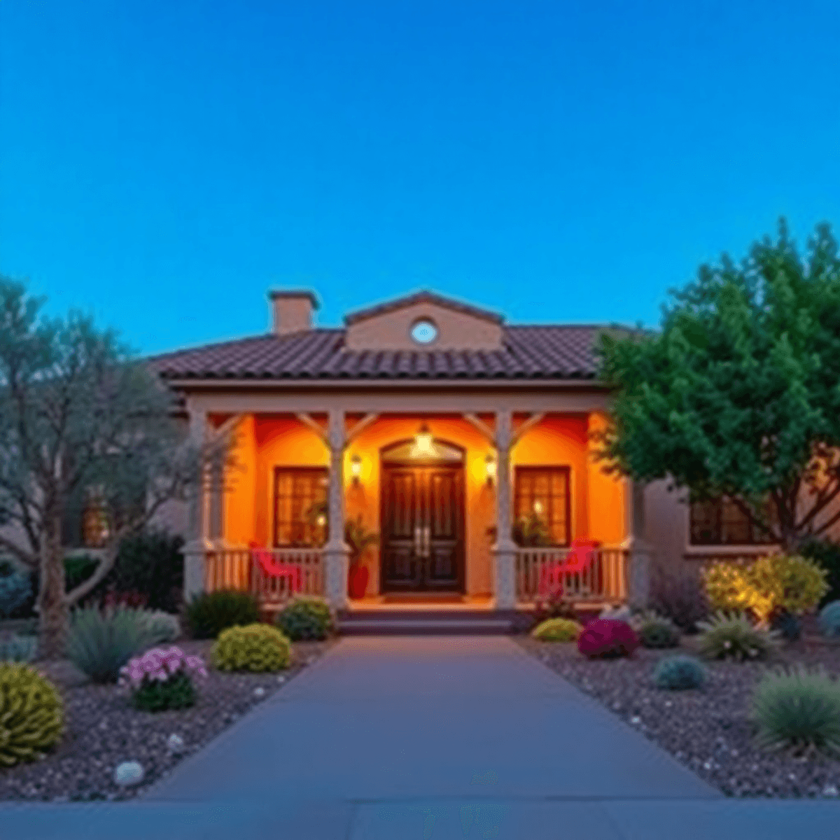 A stunning Arizona home with vibrant landscaping, a welcoming front porch, and warm desert colors, set against a clear blue sky and highlighted by ...